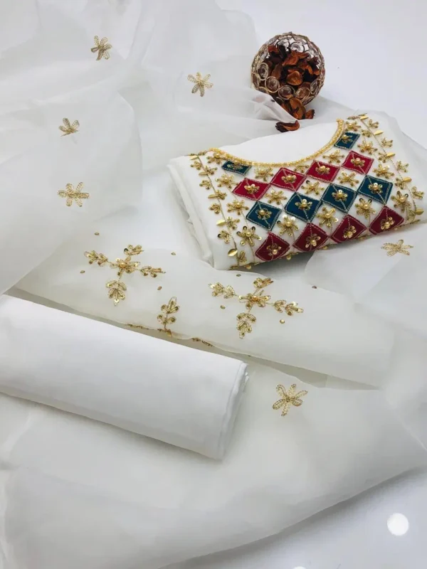 3 Pcs Women's Unstitched Organza Hand Embroidered Suit