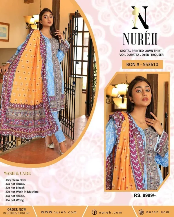 3 Pcs Women's Unstitched Digital Print Lawn Suit – Summer Collection