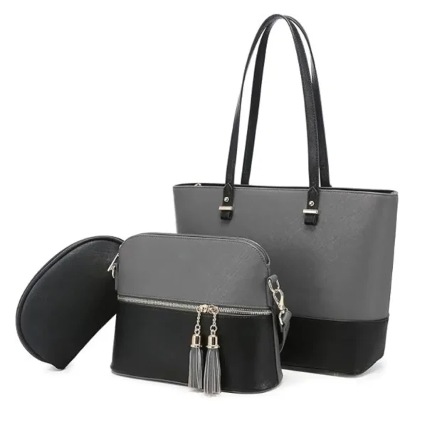 👜 3-Piece Women's PU Leather Handbag Set – Black & Grey Textured Design 👜